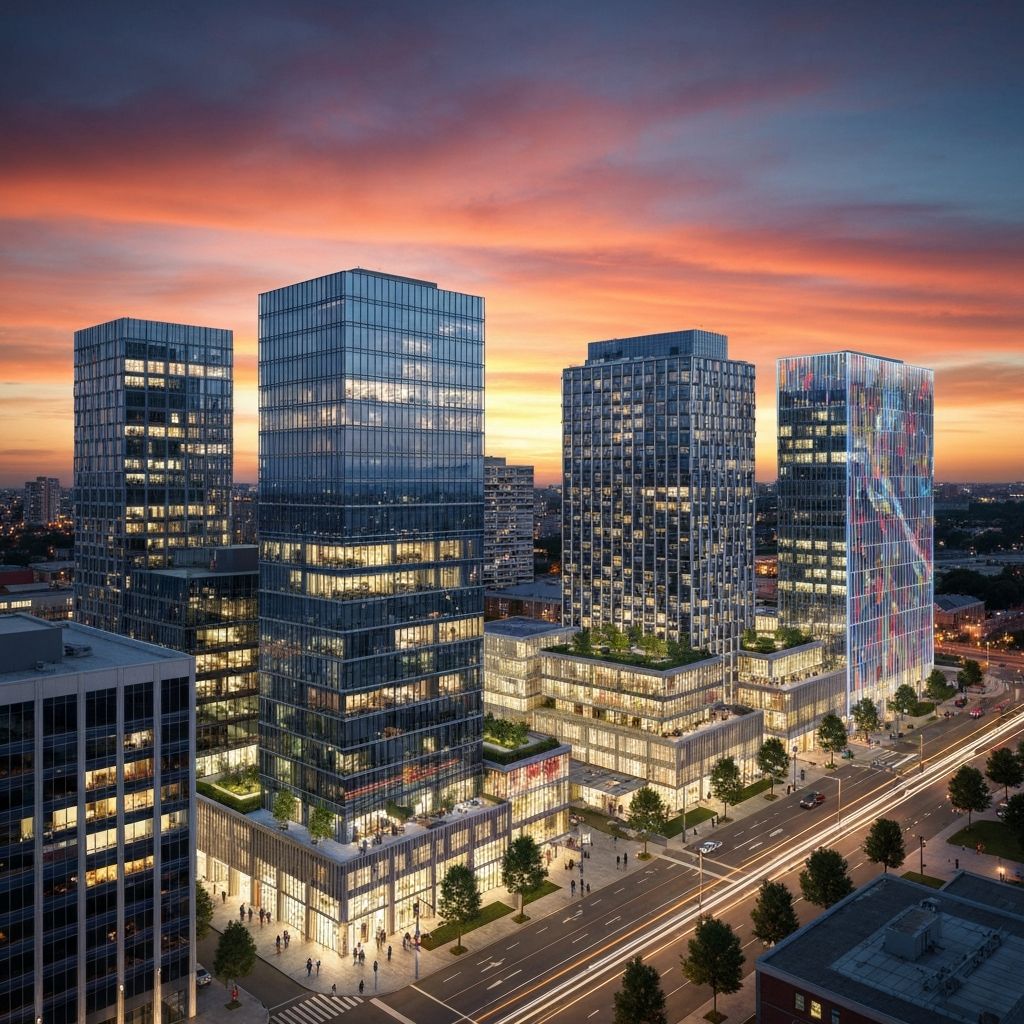Modern commercial real estate skyline at dusk